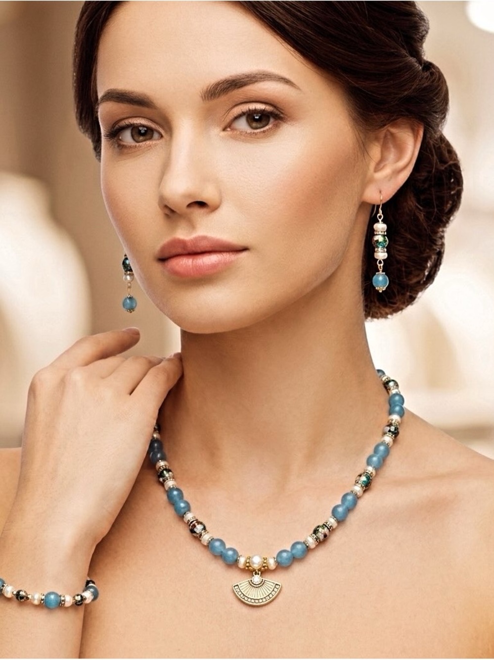 Artisan Blue Topaz, Cloisonné, & Freshwater Pearl Jewelry Set